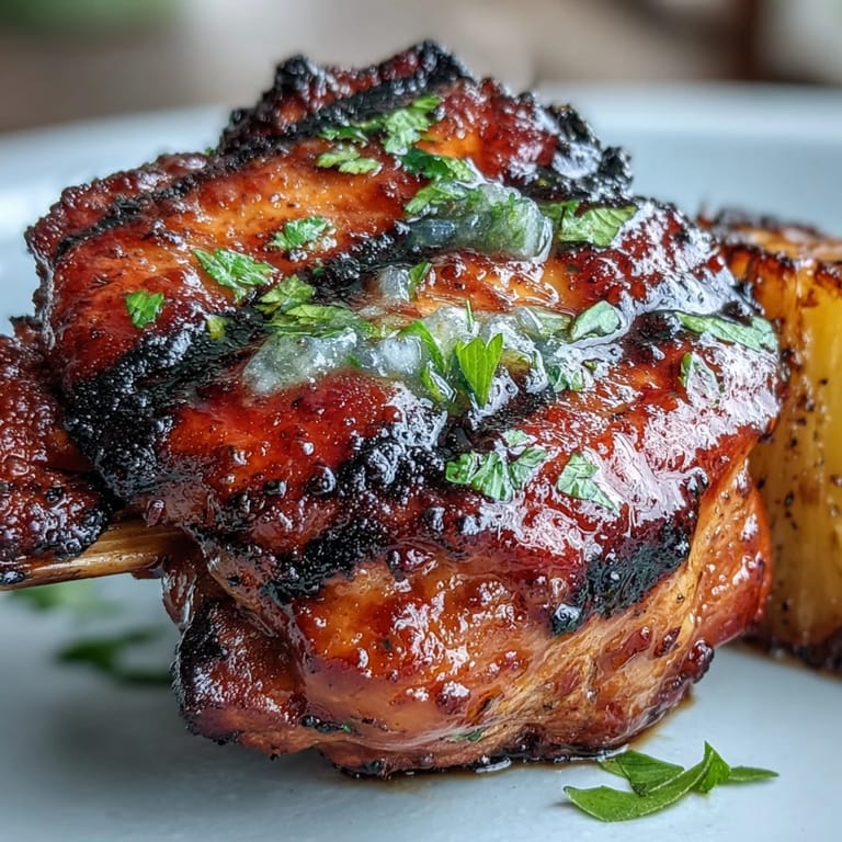 Colorful grilled chicken al pastor skewers bursting with tropical pineapple flavor.