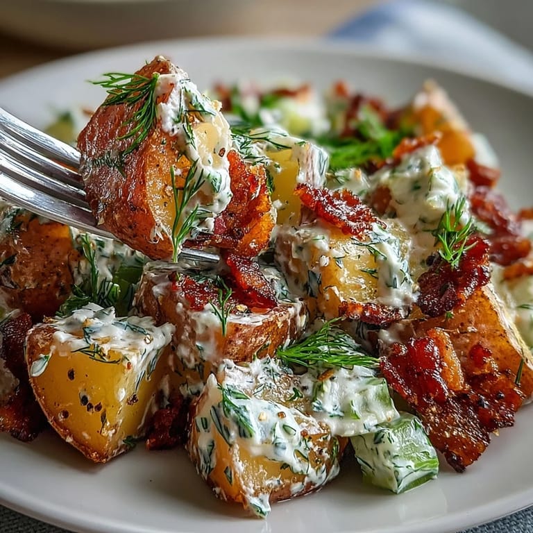 Tangy dill and bacon potato salad, a perfect American barbecue side dish.