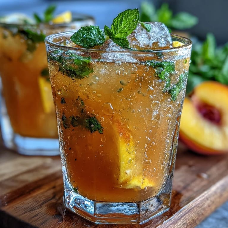 Visually appealing Iced Peach Green Tea Lemonade, perfect for a hot summer day.