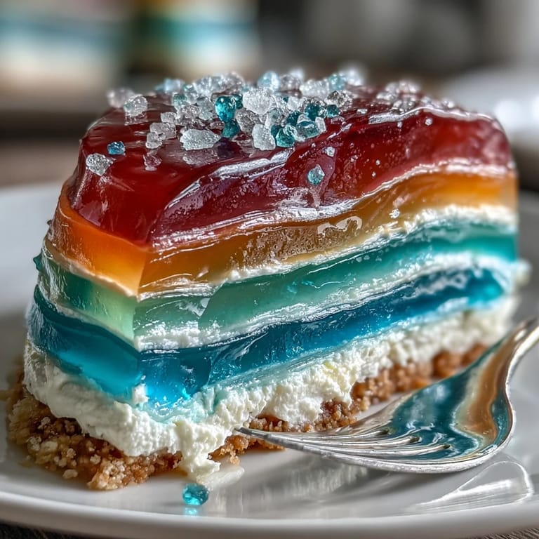 Silky, layered rainbow jelly cake, perfect for a refreshing summer dessert.