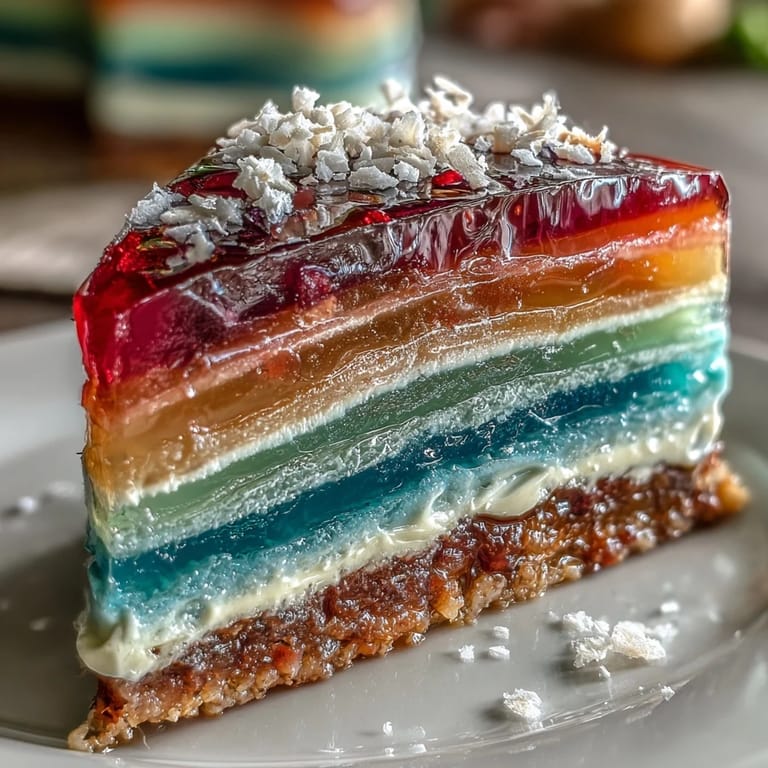 Show-stopping rainbow agar-agar cake, elegantly topped with creamy coconut goodness.