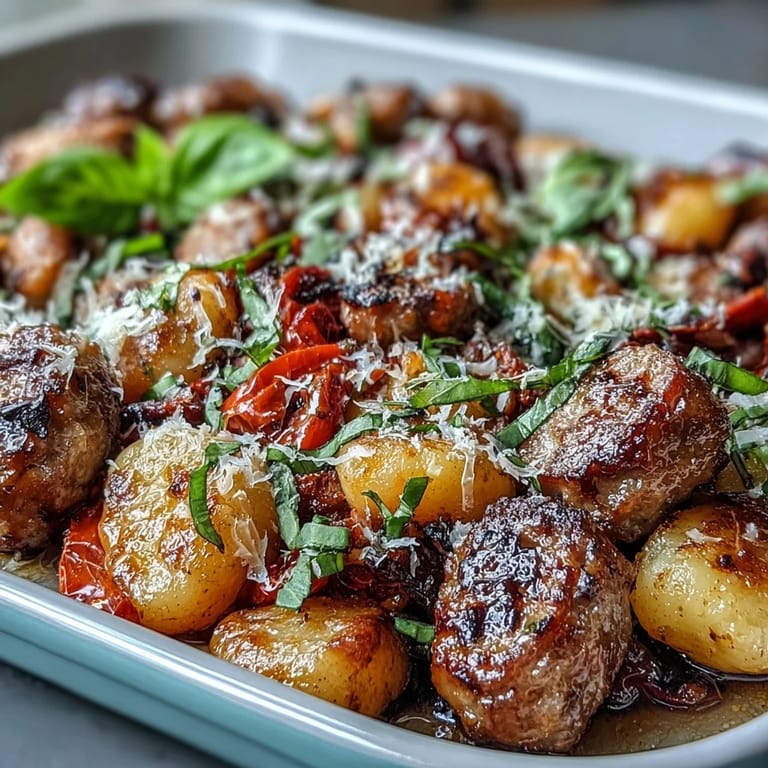 Crispy sheet pan gnocchi tossed with savory sausage, colorful peppers, and onions, topped with Parmesan for a hearty, easy dinner.  