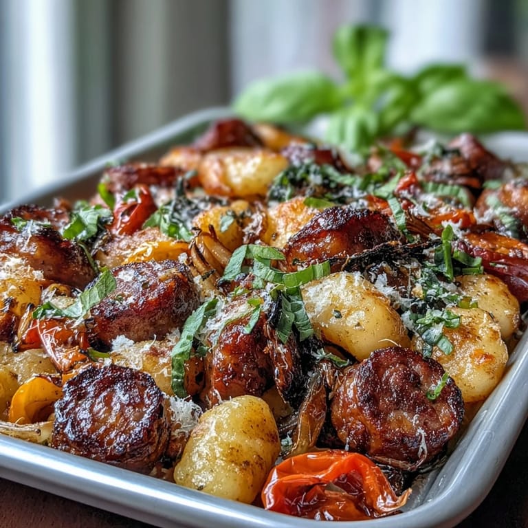 One-pan sheet pan gnocchi with sausage and peppers: tender gnocchi, smoky sausage, and vibrant veggies roasted until golden and delicious.