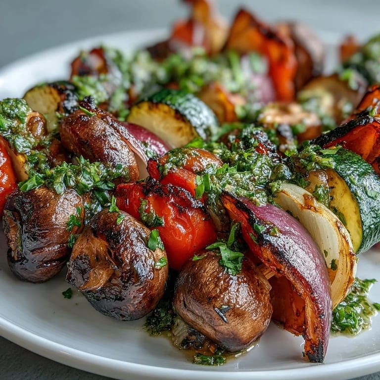 Flavorful grilled veggie kabobs, a perfect summer dish topped with fresh chimichurri.