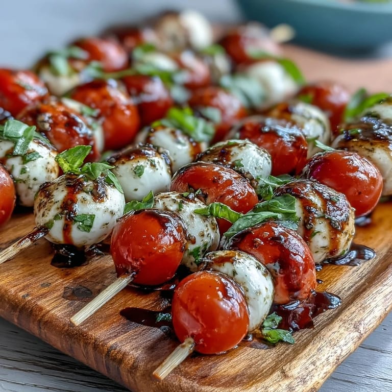 Bright Caprese skewers appetizer with fresh basil, mozzarella, and tomatoes.