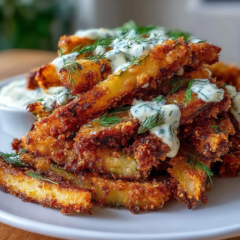 Golden brown pickle fries, air-fried perfection next to a vibrant spicy mayo.