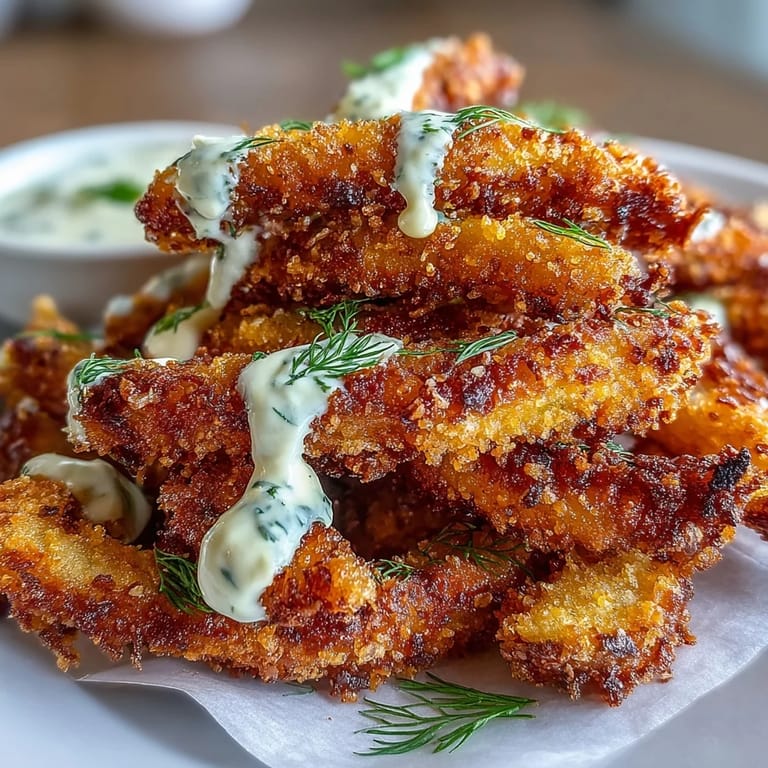 Tangy, seasoned pickle fries ready for dipping in cool, spicy mayonnaise.