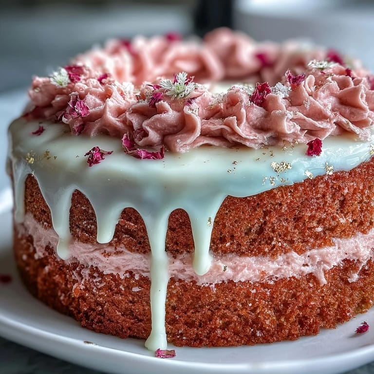 Luscious Bridal Shower Rosé Velvet Cake, a celebratory dessert with a stunning golden finish.
