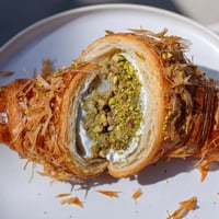 Golden, sugar-dusted Pistachio Cream Croissants, with a creamy pistachio filling and crispy phyllo topping.