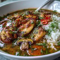 Creamy Thai Coconut Curry Soup with tender chicken and mushrooms served in a bowl, garnished with cilantro and lime.