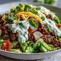A vibrant Healthy Taco Bowl with seasoned ground beef, crisp romaine lettuce, fresh diced tomatoes, and creamy avocado slices.