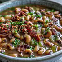 Smoky Classic New Years Black-Eyed Peas simmered with ham hocks, served hot over steamed rice with a dash of hot sauce.