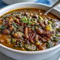 Hearty black-eyed pea and collard green stew with smoky Southern spices in a rustic cast iron pot.