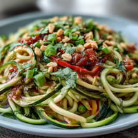 Healthy Easy Zucchini Noodle Stir-Fry with Peanut Sauce in a colorful bowl, garnished with chopped peanuts and fresh cilantro.