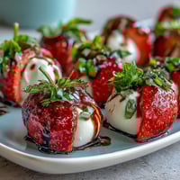 Strawberry Caprese Skewers with Balsamic Drizzle: Colorful appetizer skewers with fresh strawberries, mozzarella, and basil, finished with a glossy balsamic glaze for a sweet-savory bite.