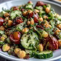 Healthy Easy Cucumber Chickpea Salad with Lemon Vinaigrette in a white bowl, garnished with fresh parsley and mint, surrounded by lemon wedges and whole chickpeas.