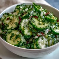 Fresh cucumber radish salad with dill vinaigrette, crisp and colorful, served in a white bowl with dill garnish.  