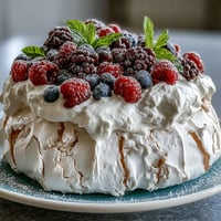 Mothers Day Pavlova with Mixed Berries, a crisp meringue dessert topped with whipped cream and fresh berries