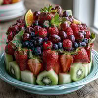 A vibrant fruit table with edible flowers, perfect for a festive grad party centerpiece.  