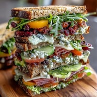 Loaded Deli Sandwich Board with assorted meats, cheeses, and fresh vegetables on a rustic wooden platter, perfect for picnics or gatherings.