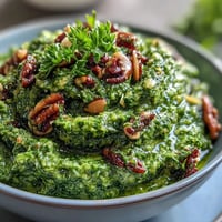 Bright green dandelion pesto with garlic and pine nuts, a fresh and slightly bitter spread for bread or pasta.