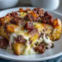 Hearty Amish breakfast casserole with hash browns, eggs, and sausage baked to golden perfection, loaded with savory sausage and melted cheese.