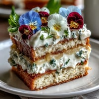 Spring cake with pressed edible flowers and lemon curd, decorated with colorful blooms and creamy frosting.  