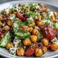 Cold Chickpea Salad with Lemon Herbs in a white bowl, garnished with fresh parsley and mint sprigs.