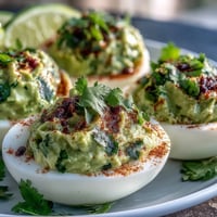 Creamy guacamole stuffed deviled eggs with avocado, lime, and jalapeño for a fresh, zesty appetizer.