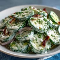 Creamy cucumber dill salad with crisp cucumbers and red onion in a tangy sour cream dressing.  