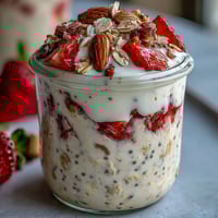 A jar of strawberry vanilla overnight oats topped with fresh strawberries and sliced almonds for a vibrant, healthy breakfast.  