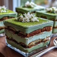Elegant matcha tiramisu with delicate ladyfingers soaked in green tea, layered with airy mascarpone cream and dusted with vibrant matcha powder.