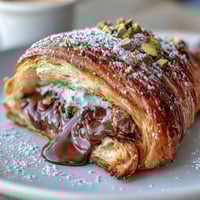Golden-brown Dubai Chocolate Pistachio Croissant French Toast sizzling in a pan.