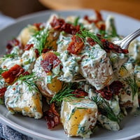 Memorial Day Potato Salad with smoky bacon and fresh dill, ready for picnic.