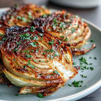 Golden roasted cabbage steaks seasoned with garlic, smoked paprika, and a burst of lemon zest, served as a vibrant vegan side dish.  