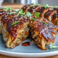 Crispy Cabbage Dumplings sizzling in a pan, golden brown bottoms and tender filling visible.