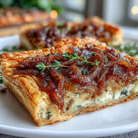 A golden puff pastry tart topped with caramelized onions, melted Gruyère cheese, and fresh thyme, perfect for a French-inspired appetizer.