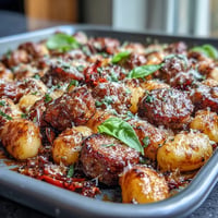 Sheet Pan Gnocchi with Sausage and Peppers: golden gnocchi, juicy sausage, and sweet roasted peppers, all crisped to perfection in one pan.  