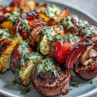 Vibrant grilled veggie kabobs with chimichurri sauce, a healthy and colorful main dish.